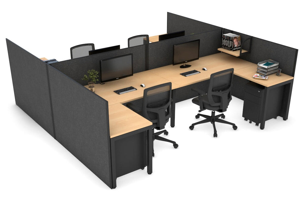 Quadro Square Legs 4 Person Corner Workstation - H Configuration - Black Frame [1600L x 1800W with Cable Scallop]-maple moody charcoal none