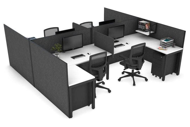 Quadro Square leg 4 Person Corner Workstations - H Configuration - Black Frame [1800L x 1800W with Cable Scallop] Jasonl white moody charchoal biscuit panel