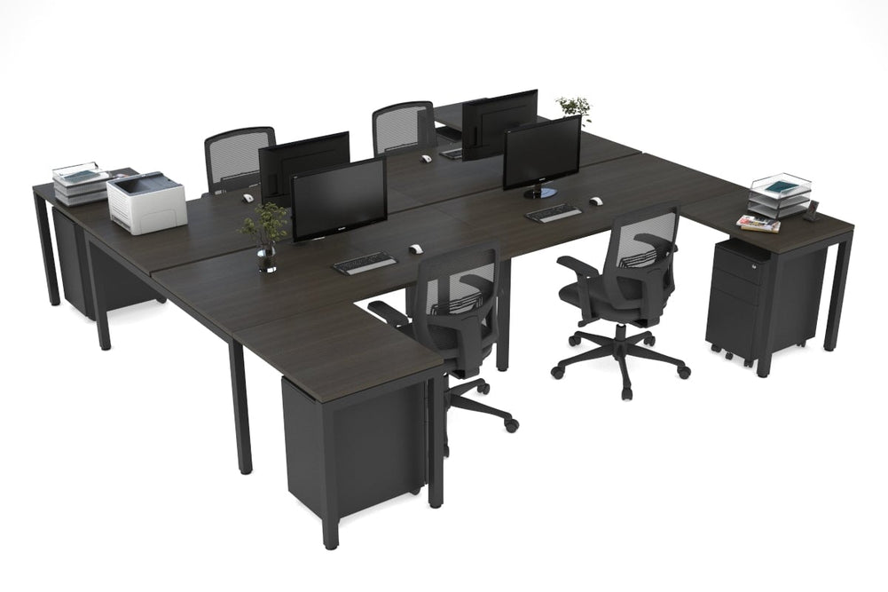 Quadro Square Legs 4 Person Corner Workstation - H Configuration - Black Frame [1800L x 1800W with Cable Scallop]-dark oak none none