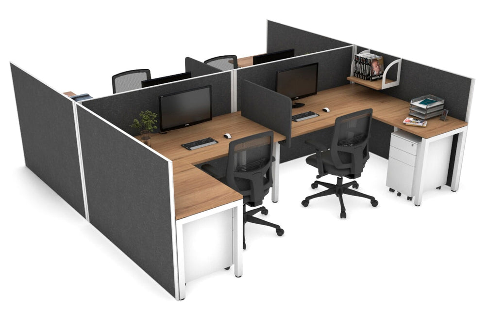 Quadro Square Legs 4 Person Corner Workstation - H Configuration - White Frame [1400L x 1800W with Cable Scallop]-salvage oak moody charcoal biscuit panel