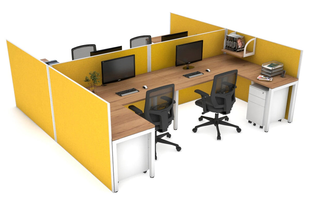 Quadro Square Legs 4 Person Corner Workstation - H Configuration - White Frame [1400L x 1800W with Cable Scallop]-salvage oak mustard yellow none