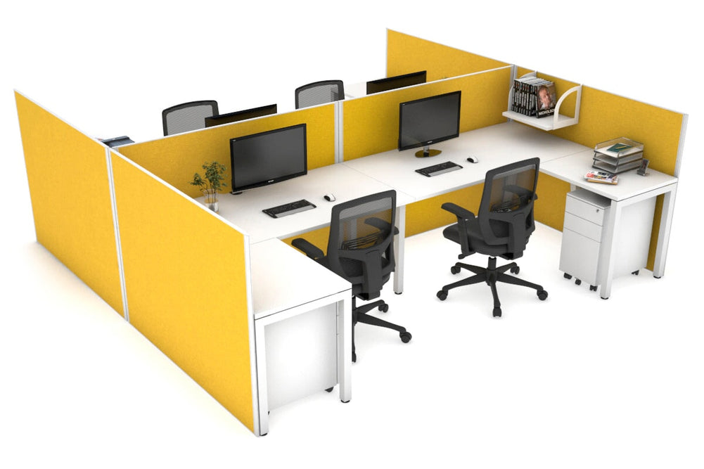 Quadro Square Legs 4 Person Corner Workstation - H Configuration - White Frame [1400L x 1800W with Cable Scallop]-white mustard yellow none