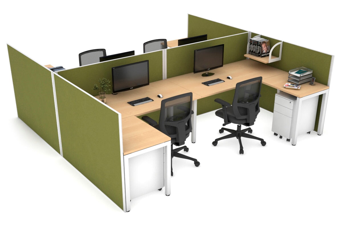 Quadro Square Legs 4 Person Corner Workstation - H Configuration - White Frame [1400L x 1800W with Cable Scallop]-maple green moss none