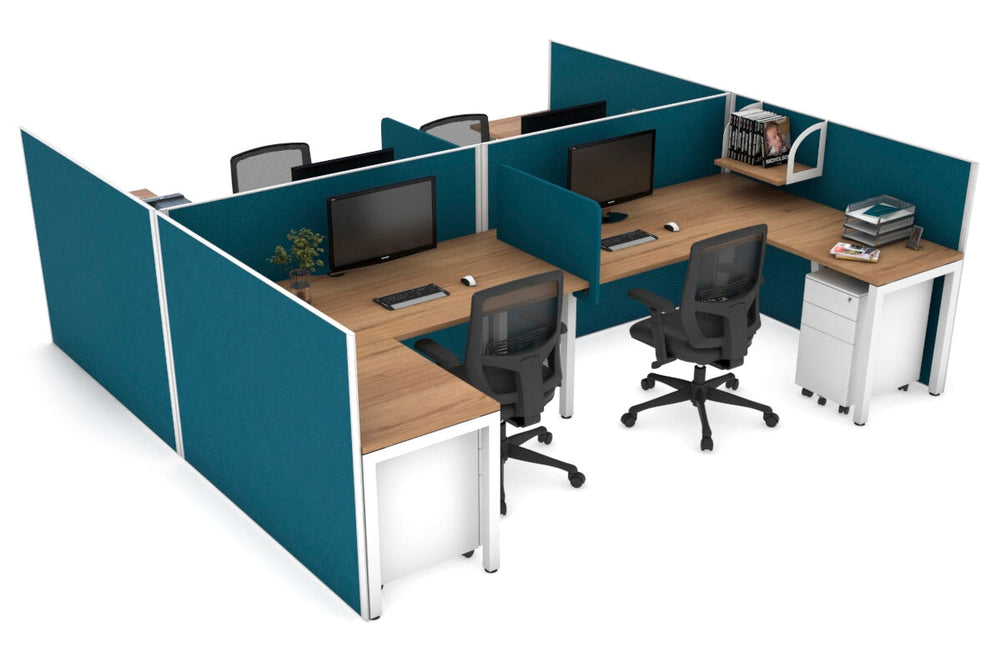 Quadro Square Legs 4 Person Corner Workstation - H Configuration - White Frame [1400L x 1800W with Cable Scallop]-salvage oak deep blue biscuit panel