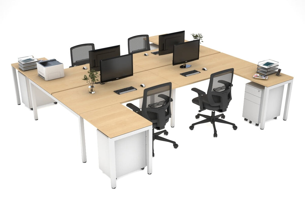 Quadro Square Legs 4 Person Corner Workstation - H Configuration - White Frame [1400L x 1800W with Cable Scallop]-maple none none