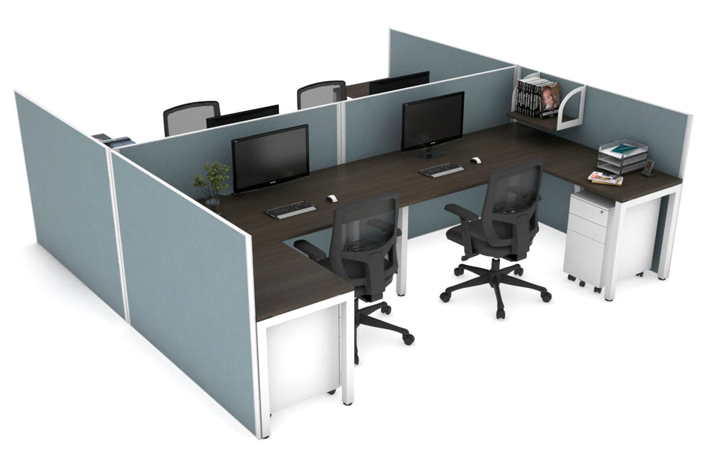 Quadro Square Legs 4 Person Corner Workstation - H Configuration - White Frame [1400L x 1800W with Cable Scallop]-dark oak cool grey none