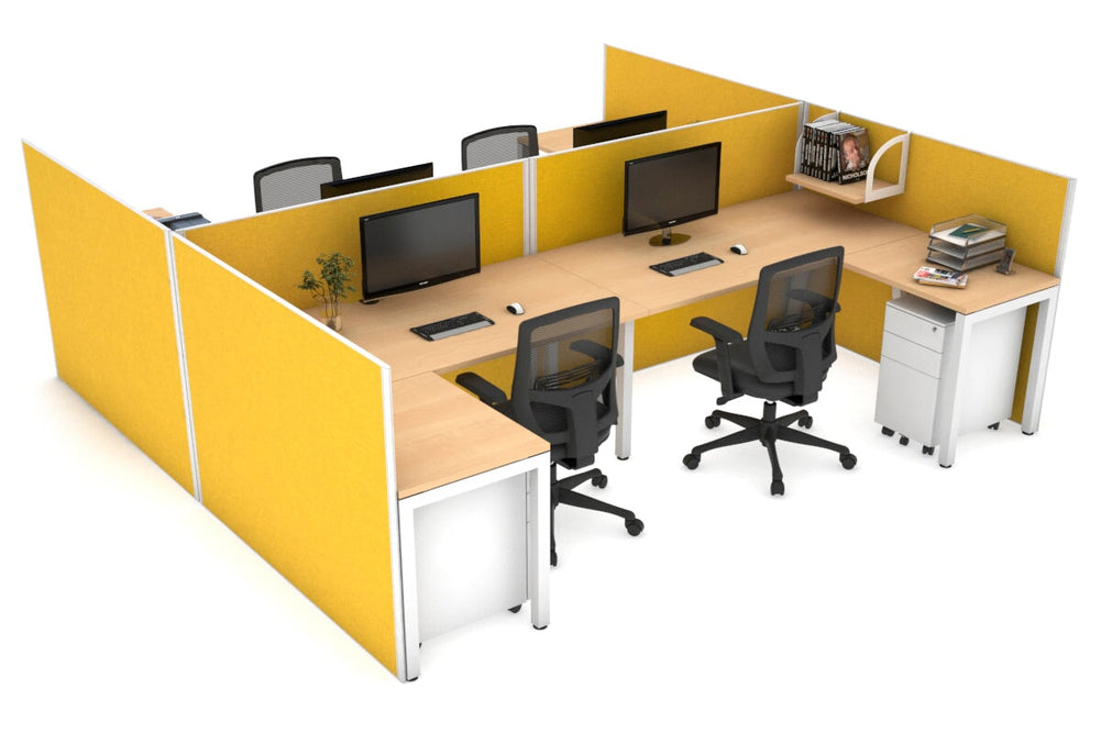Quadro Square Legs 4 Person Corner Workstation - H Configuration - White Frame [1400L x 1800W with Cable Scallop]-maple mustard yellow none