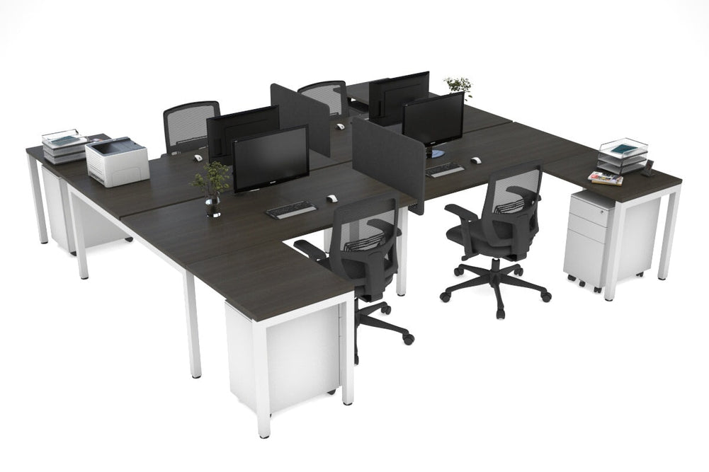Quadro Square Legs 4 Person Corner Workstation - H Configuration - White Frame [1400L x 1800W with Cable Scallop]-dark oak none biscuit panel