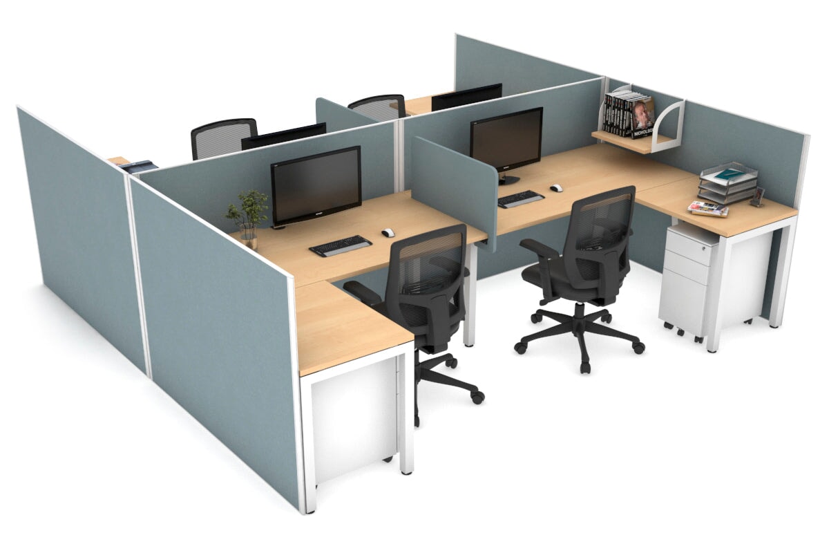 Quadro Square leg 4 Person Corner Workstations - H Configuration - White Frame [1400L x 1800W with Cable Scallop] Jasonl maple cool grey biscuit panel