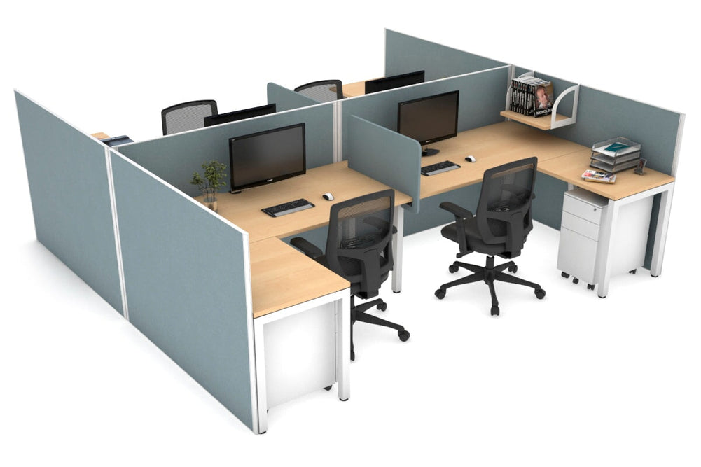 Quadro Square Legs 4 Person Corner Workstation - H Configuration - White Frame [1400L x 1800W with Cable Scallop]-maple cool grey biscuit panel