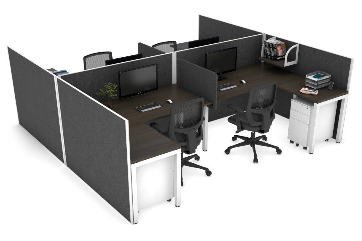 Quadro Square leg 4 Person Corner Workstations - H Configuration - White Frame [1400L x 1800W with Cable Scallop] Jasonl dark oak moody charchoal biscuit panel