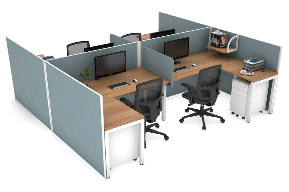 Quadro Square Legs 4 Person Corner Workstation - H Configuration - White Frame [1400L x 1800W with Cable Scallop]-salvage oak cool grey biscuit panel