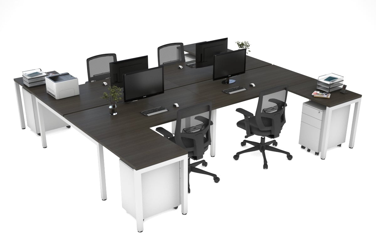 Quadro Square leg 4 Person Corner Workstations - H Configuration - White Frame [1400L x 1800W with Cable Scallop] Jasonl dark oak none none
