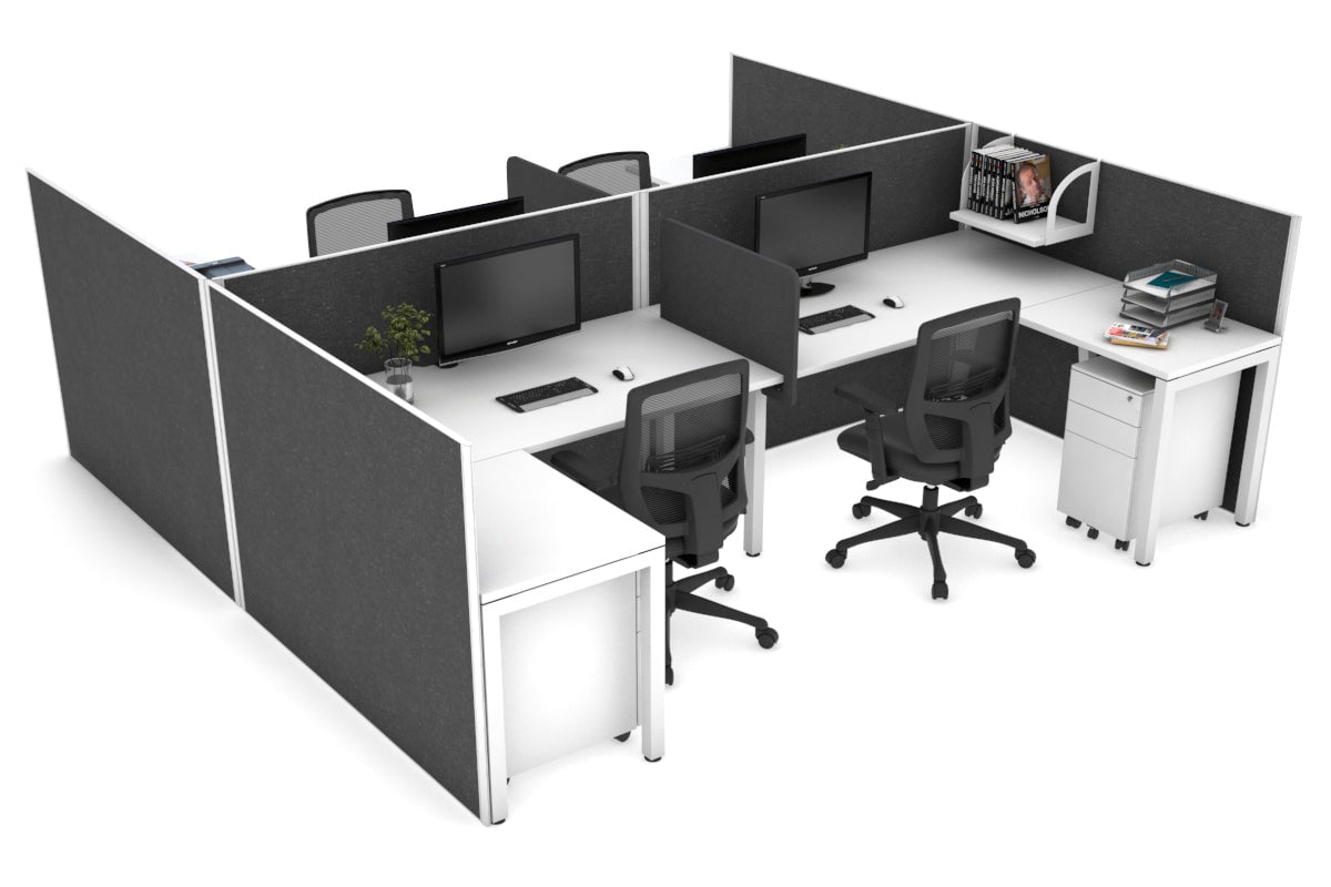 Quadro Square leg 4 Person Corner Workstations - H Configuration - White Frame [1400L x 1800W with Cable Scallop] Jasonl white moody charchoal biscuit panel