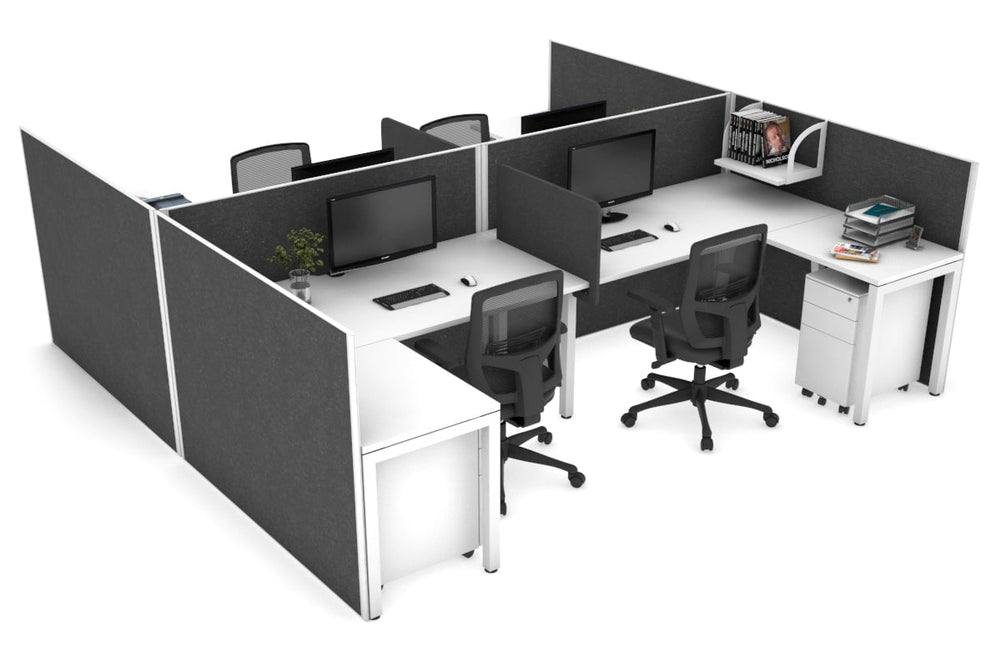 Quadro Square Legs 4 Person Corner Workstation - H Configuration - White Frame [1400L x 1800W with Cable Scallop]-white moody charcoal biscuit panel