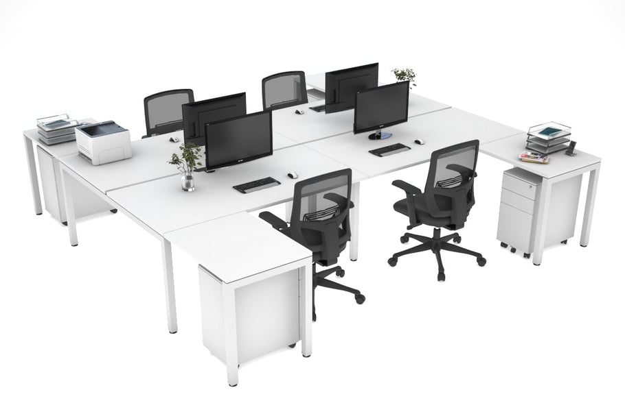 Environmental image of Quadro Square Legs 4 Person Corner Workstation - H Configuration - White Frame [1400L x 1800W with Cable Scallop]