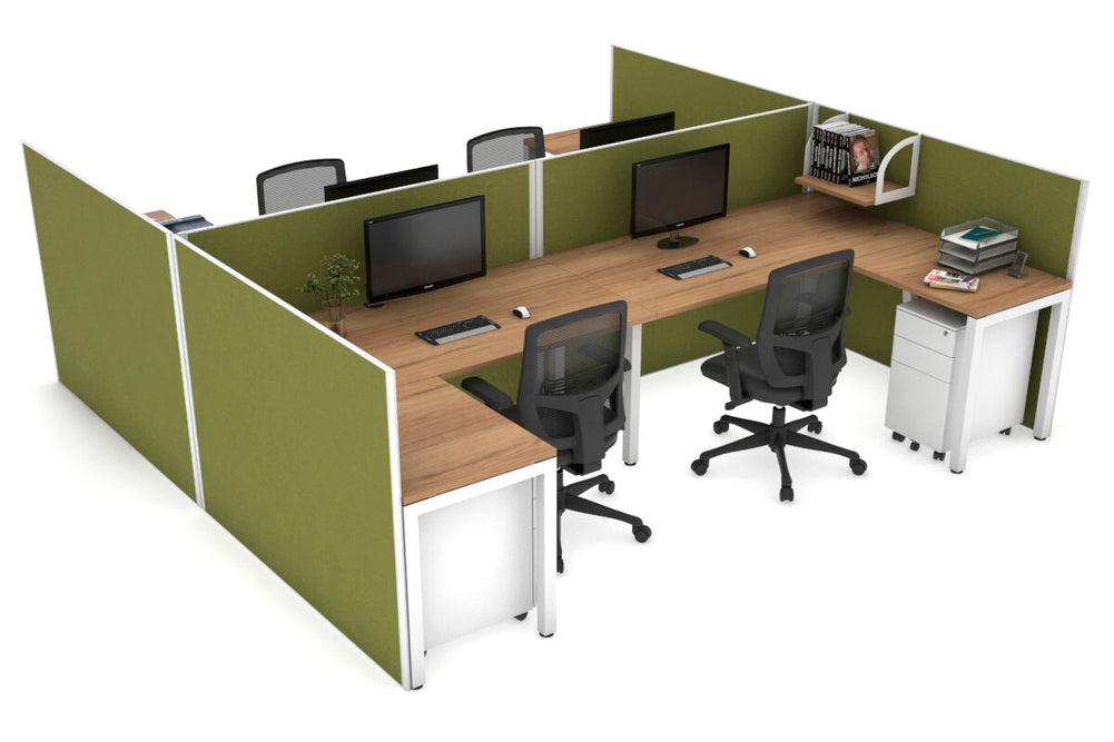 Quadro Square Legs 4 Person Corner Workstation - H Configuration - White Frame [1400L x 1800W with Cable Scallop]-salvage oak green moss none
