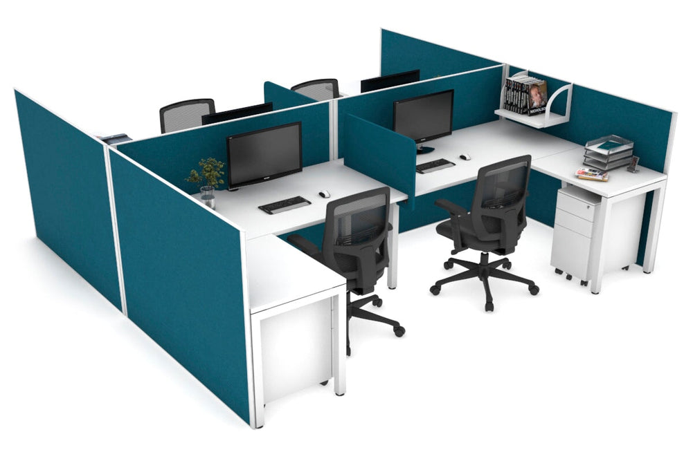 Quadro Square Legs 4 Person Corner Workstation - H Configuration - White Frame [1400L x 1800W with Cable Scallop]-white deep blue biscuit panel