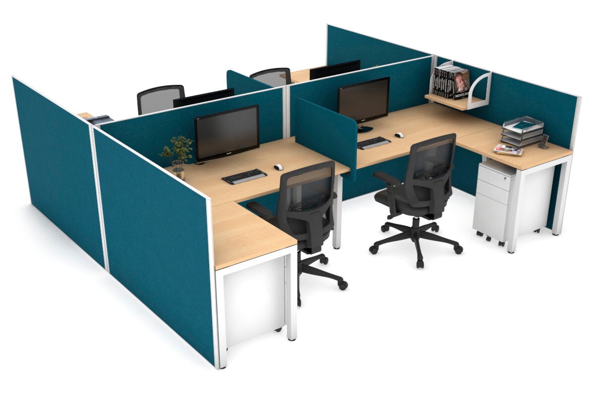 Quadro Square leg 4 Person Corner Workstations - H Configuration - White Frame [1400L x 1800W with Cable Scallop] Jasonl maple deep blue biscuit panel
