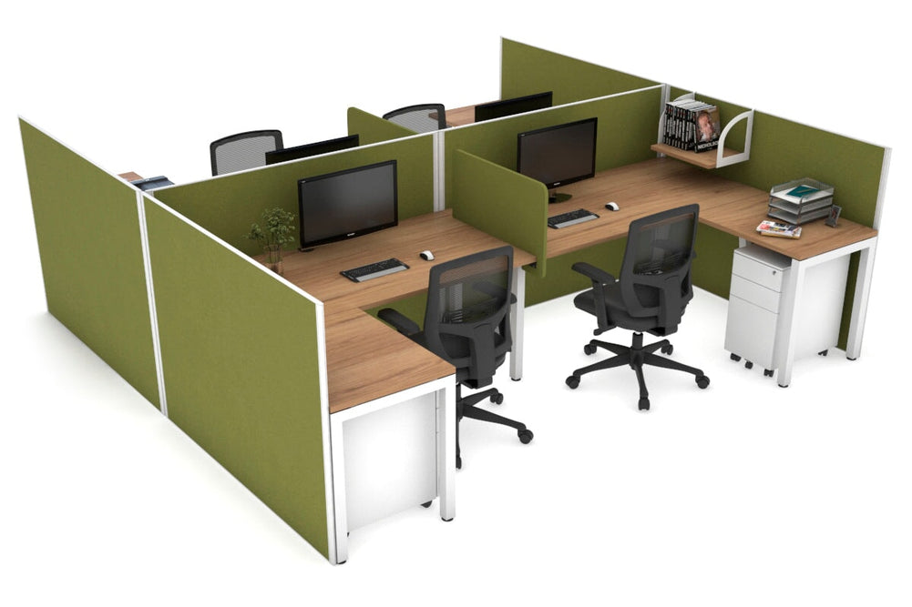 Quadro Square Legs 4 Person Corner Workstation - H Configuration - White Frame [1400L x 1800W with Cable Scallop]-salvage oak green moss biscuit panel