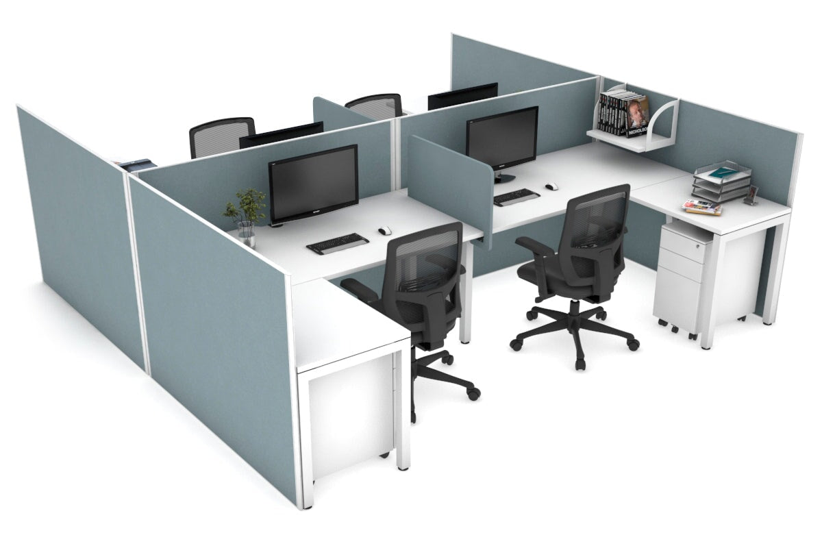Quadro Square leg 4 Person Corner Workstations - H Configuration - White Frame [1400L x 1800W with Cable Scallop] Jasonl white cool grey biscuit panel