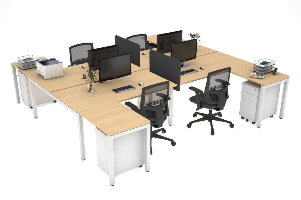 Quadro Square Legs 4 Person Corner Workstation - H Configuration - White Frame [1400L x 1800W with Cable Scallop]-maple none biscuit panel