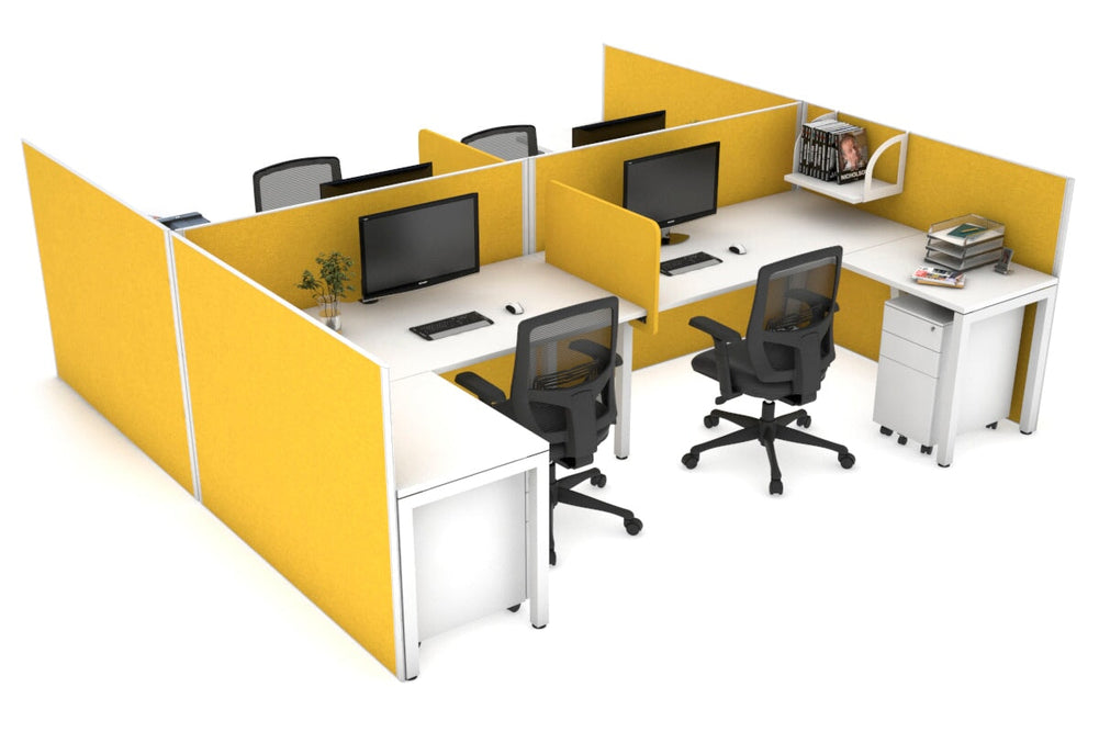 Quadro Square Legs 4 Person Corner Workstation - H Configuration - White Frame [1400L x 1800W with Cable Scallop]-white mustard yellow biscuit panel