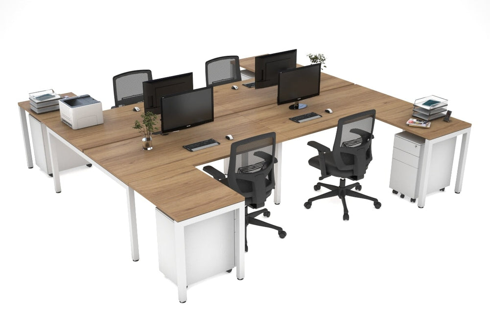 Quadro Square Legs 4 Person Corner Workstation - H Configuration - White Frame [1400L x 1800W with Cable Scallop]-salvage oak none none