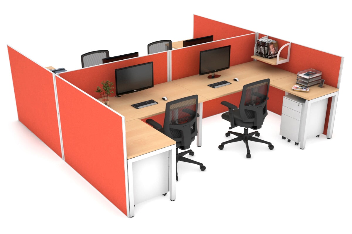 Quadro Square Legs 4 Person Corner Workstation - H Configuration - White Frame [1400L x 1800W with Cable Scallop]-maple squash orange none
