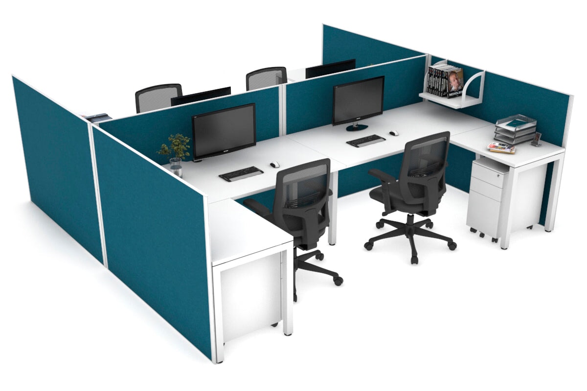 Quadro Square leg 4 Person Corner Workstations - H Configuration - White Frame [1600L x 1800W with Cable Scallop] Jasonl white deep blue none