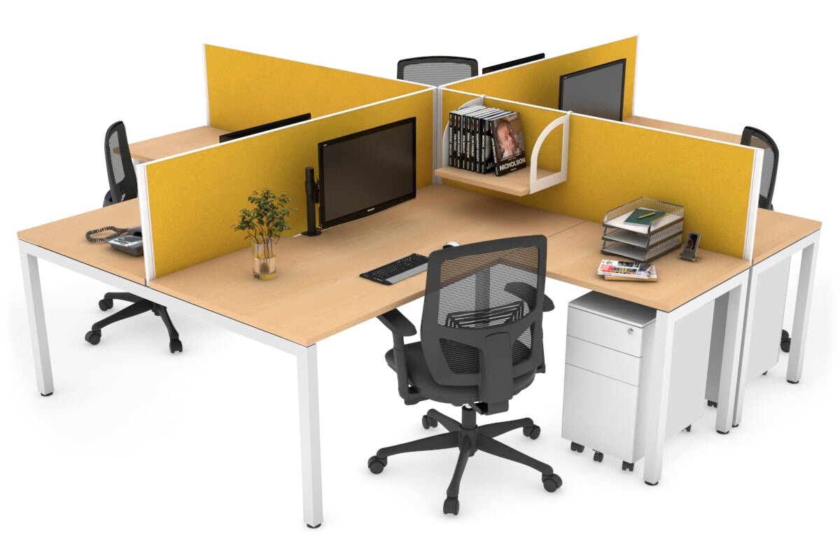 Quadro Square Leg 4 Person Corner Workstations [1400L x 1800W with Cable Scallop] Jasonl white leg maple mustard yellow