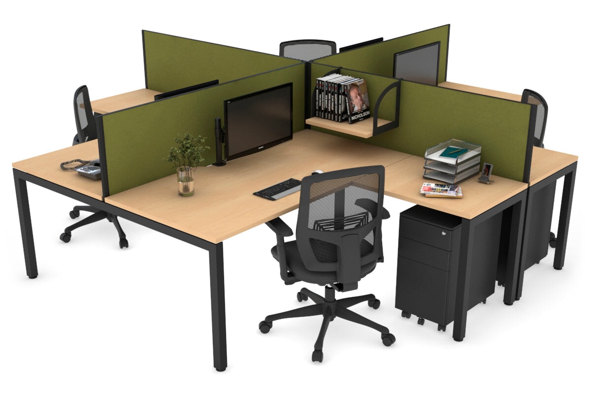 Quadro Square Leg 4 Person Corner Workstations [1800L x 1800W with Cable Scallop] Jasonl black leg maple green moss