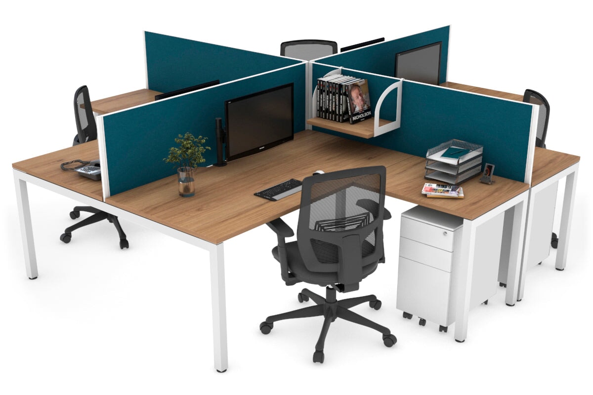 Quadro Square Leg 4 Person Corner Workstations [1800L x 1800W with Cable Scallop] Jasonl white leg salvage oak deep blue