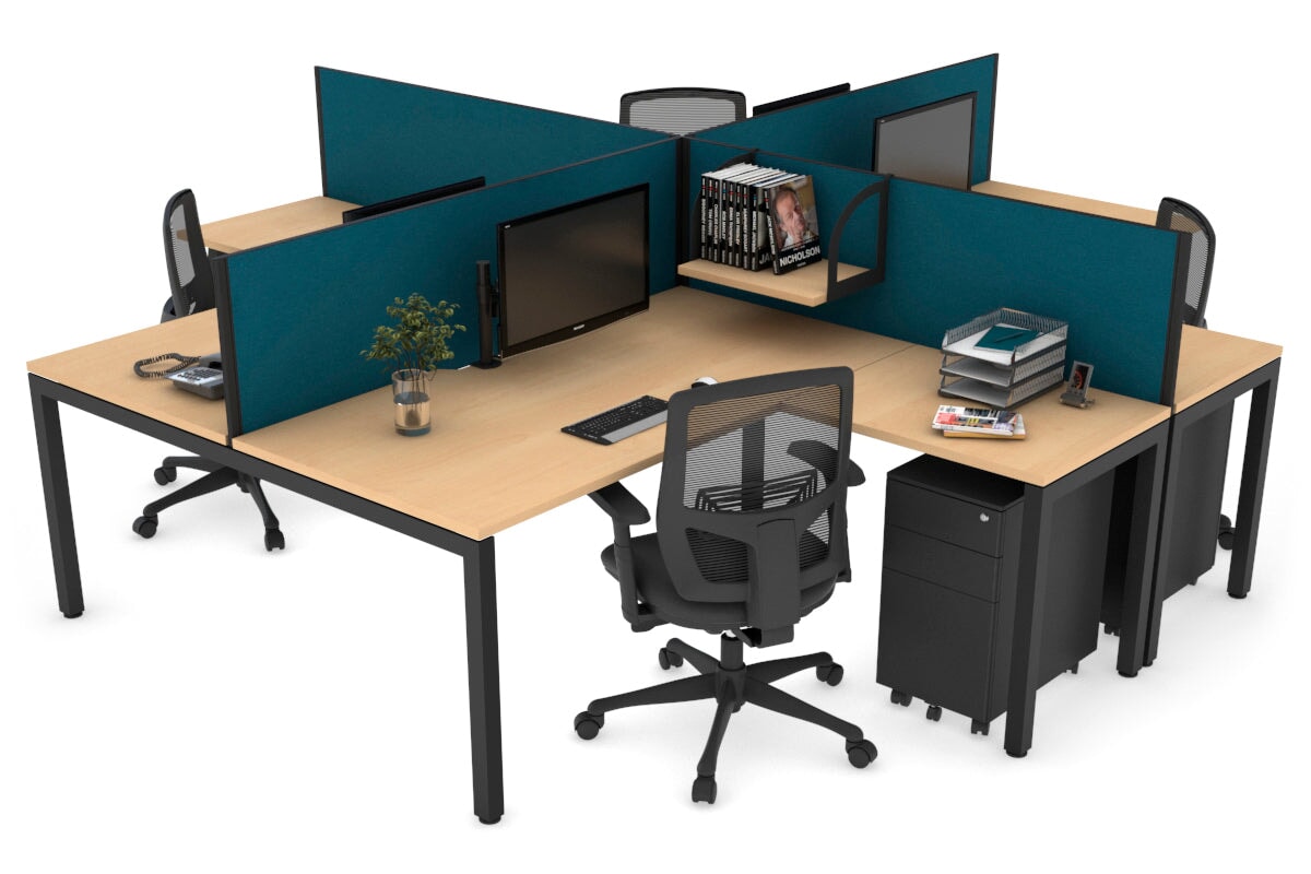 Quadro Square Leg 4 Person Corner Workstations [1800L x 1800W with Cable Scallop] Jasonl black leg maple deep blue
