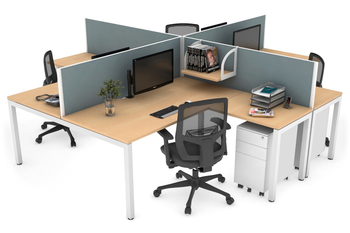 Quadro Square Leg 4 Person Corner Workstations [1800L x 1800W with Cable Scallop] Jasonl white leg maple cool grey