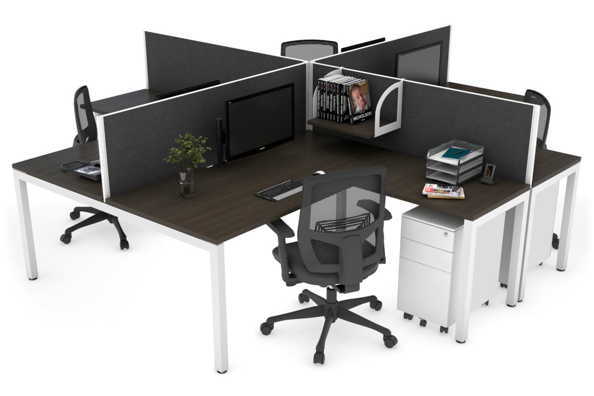 Quadro Square Leg 4 Person Corner Workstations [1800L x 1800W with Cable Scallop] Jasonl white leg dark oak moody charcoal