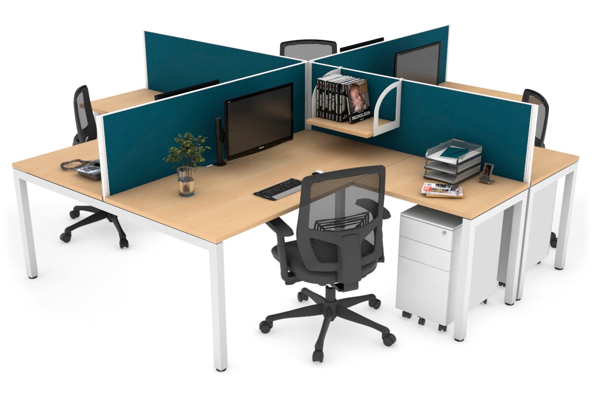 Quadro Square Leg 4 Person Corner Workstations [1800L x 1800W with Cable Scallop] Jasonl white leg maple deep blue