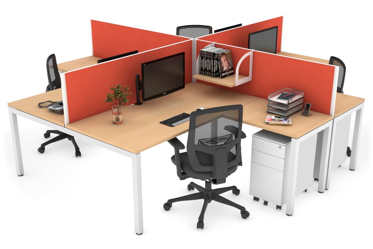 Quadro Square Leg 4 Person Corner Workstations [1800L x 1800W with Cable Scallop] Jasonl white leg maple squash orange