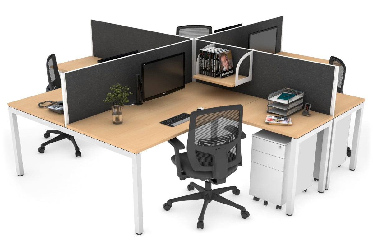 Quadro Square Leg 4 Person Corner Workstations [1800L x 1800W with Cable Scallop] Jasonl white leg maple moody charcoal