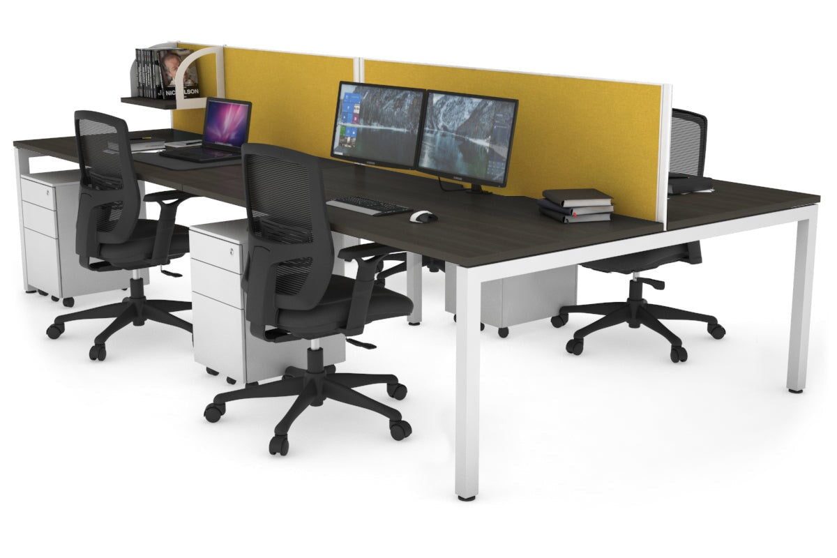 Quadro Square Leg 4 Person Office Workstations [1200L x 800W with Cable Scallop] Jasonl white leg dark oak mustard yellow (500H x 1200W)