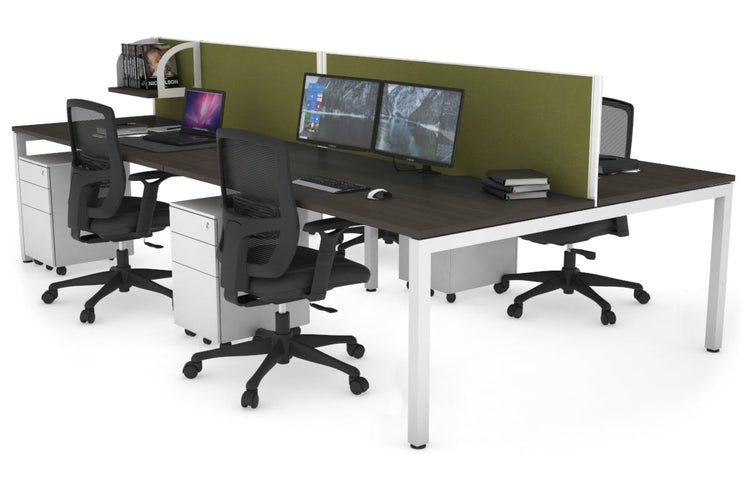 Quadro Square Leg 4 Person Office Workstations [1400L x 800W with Cable Scallop] Jasonl white leg dark oak green moss (500H x 1400W)