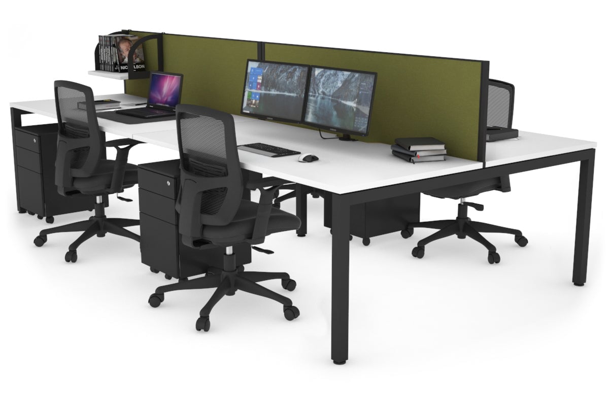 Quadro Square Leg 4 Person Office Workstations [1400L x 800W with Cable Scallop] Jasonl black leg white green moss (500H x 1400W)