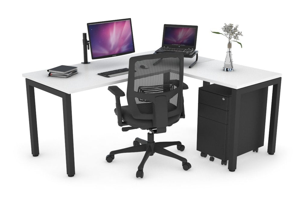 Quadro Square Legs - L Shaped Corner Office Desk [1400L x 1450W]-black leg white none