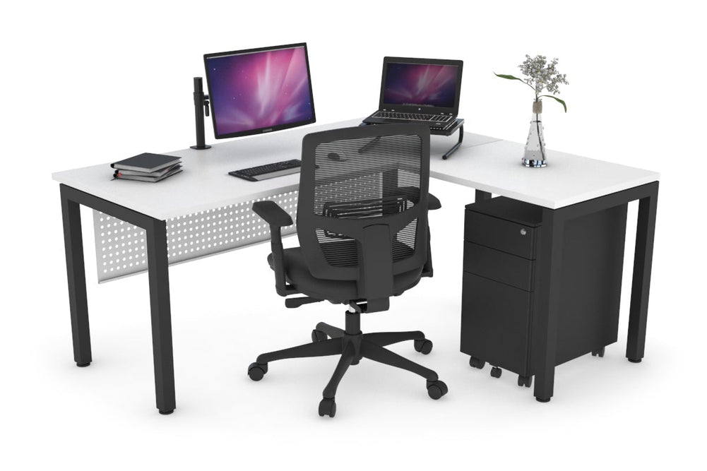 Quadro Square Legs - L Shaped Corner Office Desk [1400L x 1450W]-black leg white white modesty