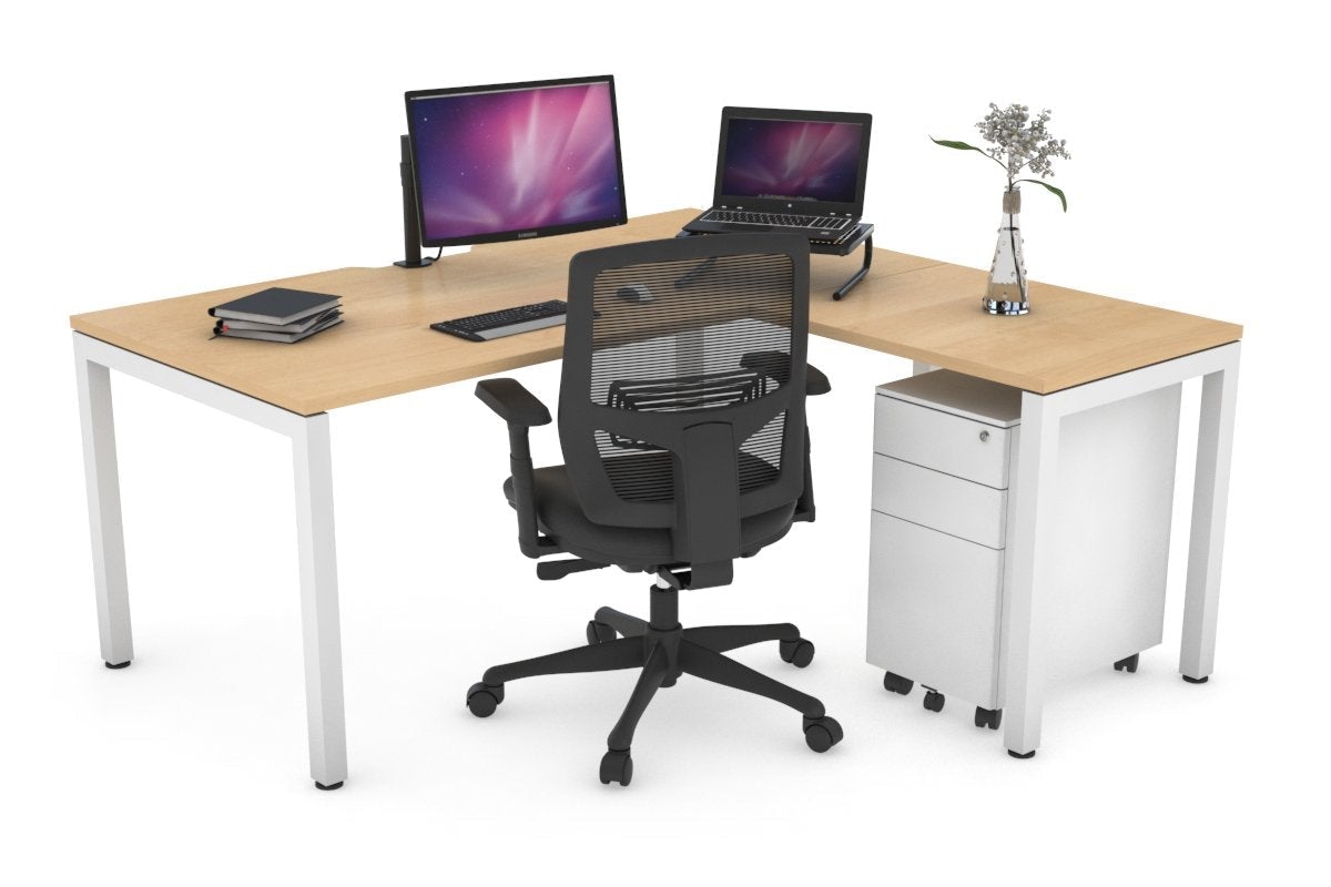 Quadro Square Leg - L Shaped Corner Office Desk [1400L x 1550W with Cable Scallop] Jasonl white leg maple none