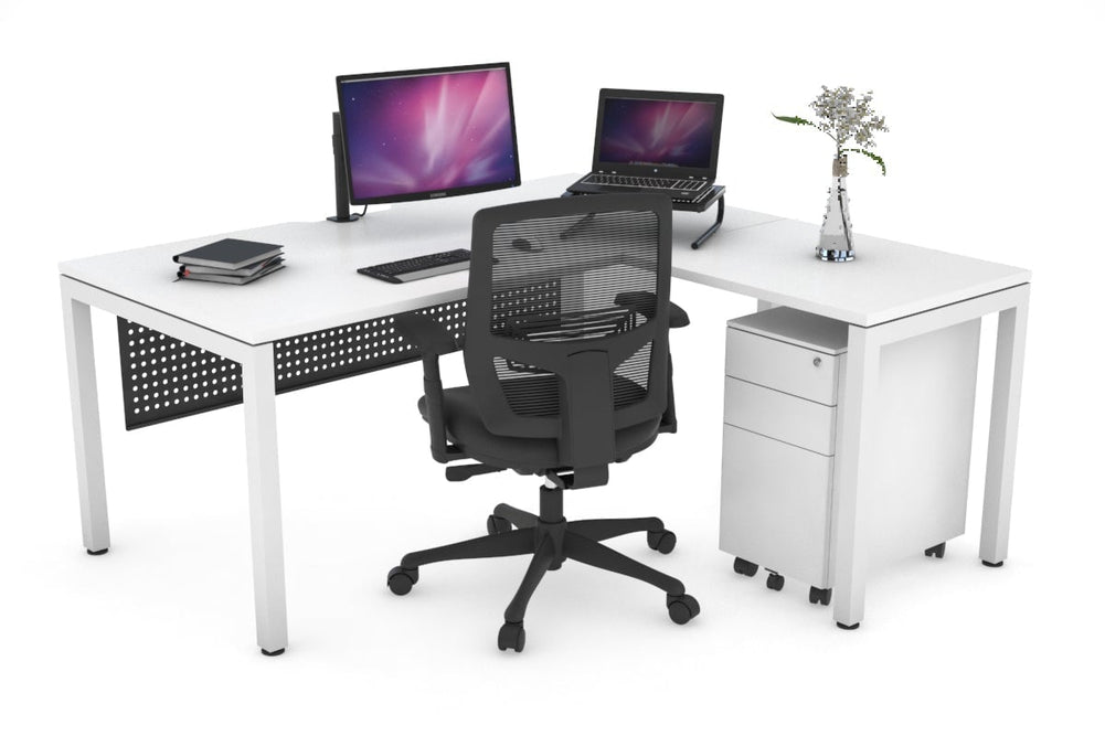 Quadro Square Legs - L Shaped Corner Office Desk [1400L x 1550W with Cable Scallop]-white leg white black modesty
