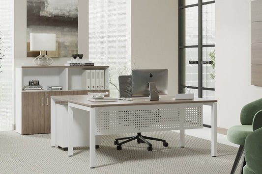 Quadro Square Leg - L Shaped Corner Office Desk [1400L x 1550W with Cable Scallop] Jasonl 