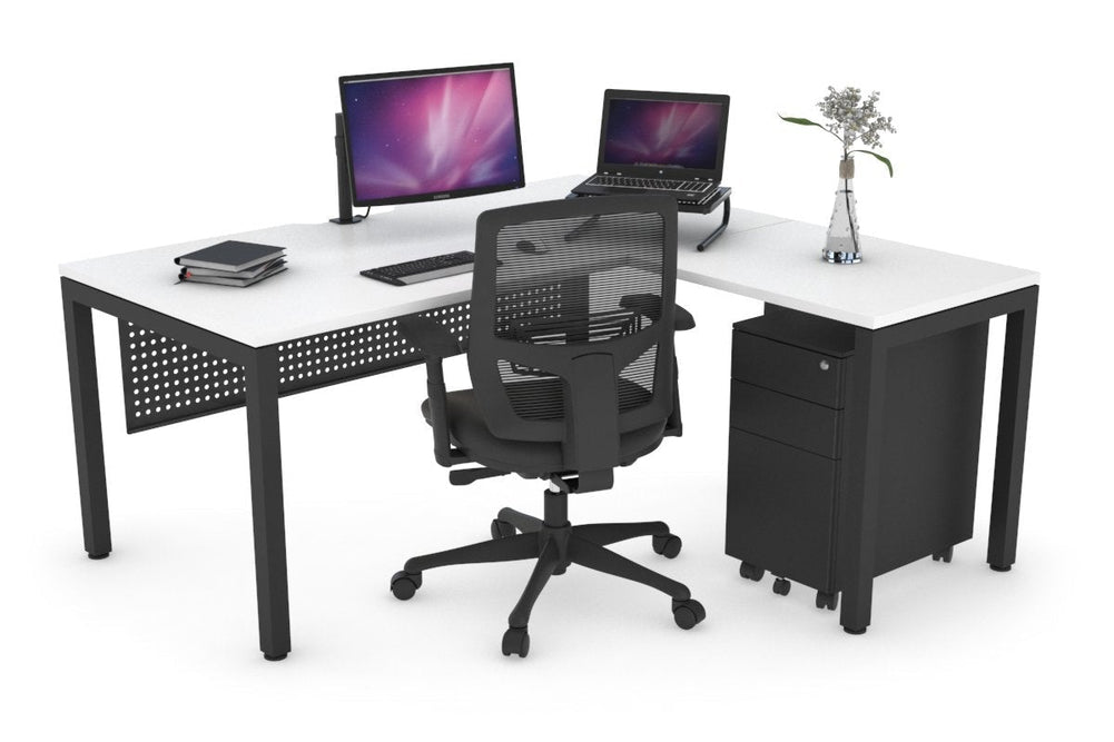 Quadro Square Legs - L Shaped Corner Office Desk [1400L x 1800W with Cable Scallop]-black leg dark oak white modesty