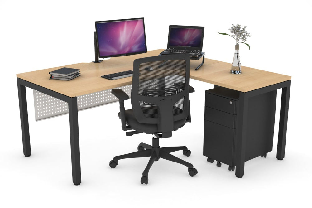 Quadro Square Legs - L Shaped Corner Office Desk [1400L x 1800W with Cable Scallop]-black leg maple white modesty