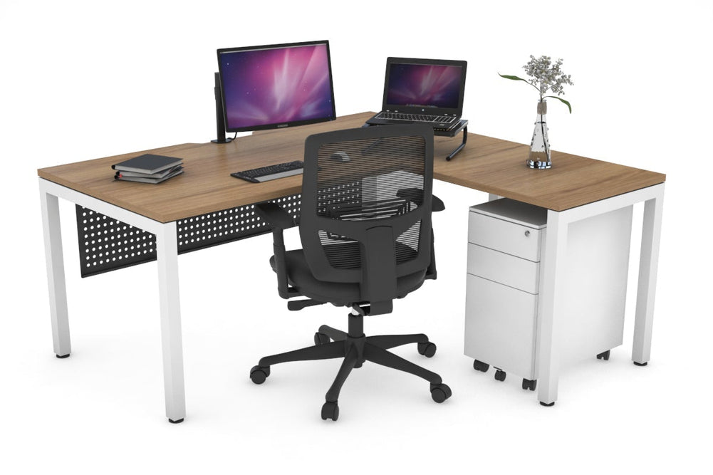 Quadro Square Legs - L Shaped Corner Office Desk [1400L x 1800W with Cable Scallop]-white leg salvage oak black modesty